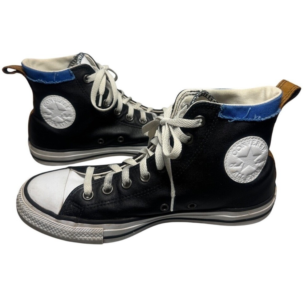 Converse‎ Chuck Taylor All Star High Top Black Leather Blue Trim M 6.5/ W 8.5